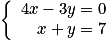 \left\{\begin{array}{r c l} 4x-3y=0\\ x+y=7 \end{array}\right.